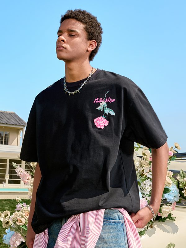 Rose Embroidery Heavyweight Short Sleeve T-Shirt - American Retro Loose Fit for Men and Women, 2025 Y2K Style