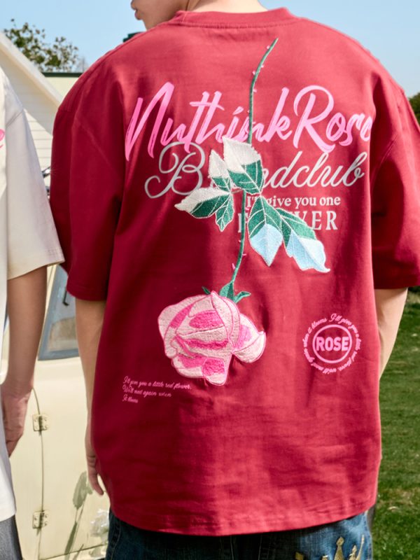 Rose Embroidery Heavyweight Short Sleeve T-Shirt - American Retro Loose Fit for Men and Women, 2025 Y2K Style