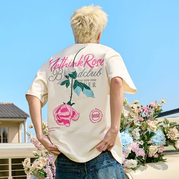 Rose Embroidery Heavyweight Short Sleeve T-Shirt - American Retro Loose Fit for Men and Women, 2025 Y2K Style