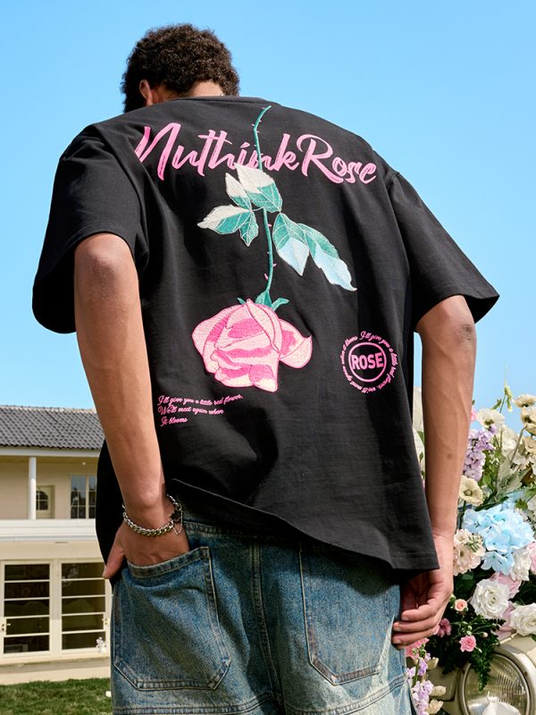 Rose Embroidery Heavyweight Short Sleeve T-Shirt - American Retro Loose Fit for Men and Women, 2025 Y2K Style