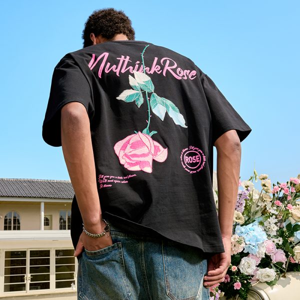Rose Embroidery Heavyweight Short Sleeve T-Shirt - American Retro Loose Fit for Men and Women, 2025 Y2K Style