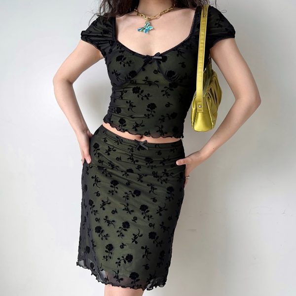 Rose Mesh Short Sleeve Top & Bodycon Skirt Two-Piece Set - Women's European American Style Fashion, Perfect for Y2K & 90s Vibes