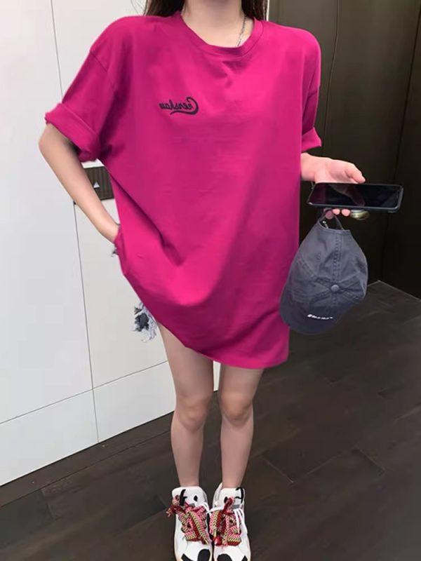 Rose Red Plus Size Loose Fit Cotton Short Sleeve T-Shirt for Women - Casual Mid-Length Top, Perfect for Everyday Wear
