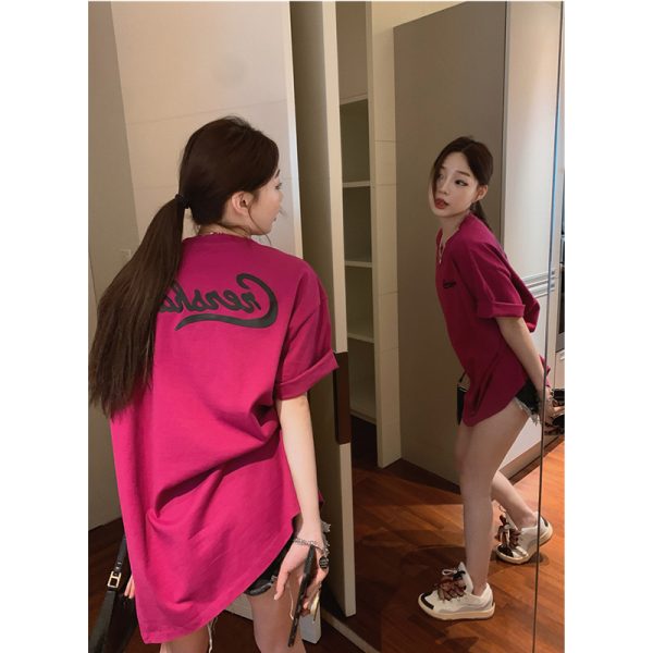 Rose Red Plus Size Loose Fit Cotton Short Sleeve T-Shirt for Women - Casual Mid-Length Top, Perfect for Everyday Wear