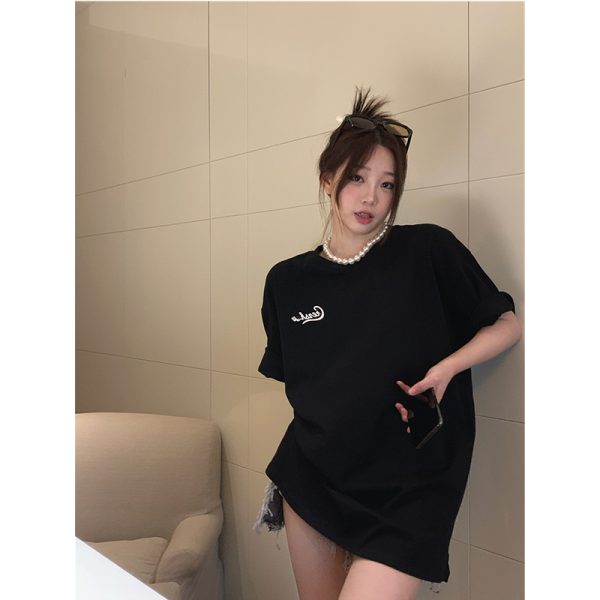 Rose Red Plus Size Loose Fit Cotton Short Sleeve T-Shirt for Women - Casual Mid-Length Top, Perfect for Everyday Wear