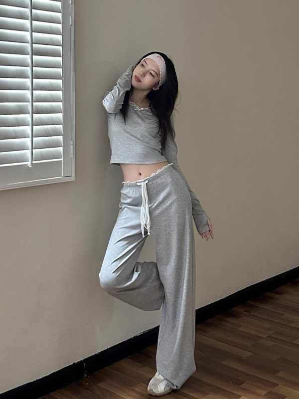 Round Neck Lace Long Sleeve Top & Straight Leg Trousers Slim Fit Set for Women - 2025 Spring Fashion, Elegant Style