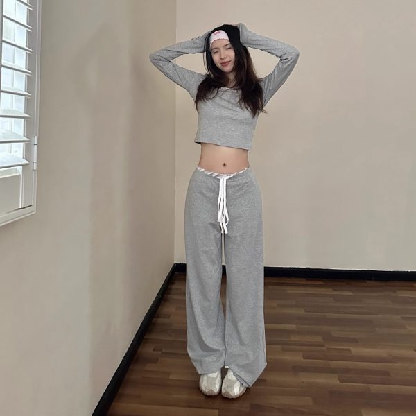 Round Neck Lace Long Sleeve Top & Straight Leg Trousers Slim Fit Set for Women - 2025 Spring Fashion, Elegant Style