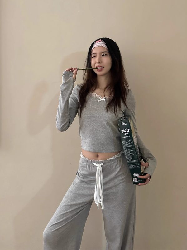 Round Neck Lace Long Sleeve Top & Straight Leg Trousers Slim Fit Set for Women - 2025 Spring Fashion, Elegant Style