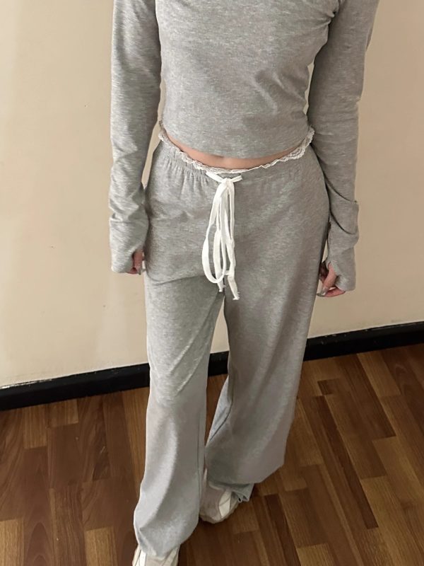 Round Neck Lace Long Sleeve Top & Straight Leg Trousers Slim Fit Set for Women - 2025 Spring Fashion, Elegant Style