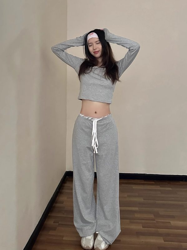 Round Neck Lace Long Sleeve Top & Straight Leg Trousers Slim Fit Set for Women - 2025 Spring Fashion, Elegant Style