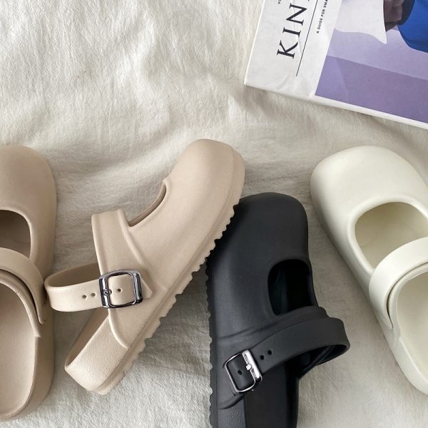 Round-Toe Mary Jane Slippers for Women - Summer 2025 Thick-Soled Closed-Toe Half Slippers, Trendy Holey Design for Outdoor Wear