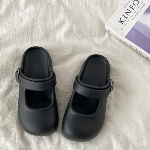 Round-Toe Mary Jane Slippers for Women - Summer 2025 Thick-Soled Closed-Toe Half Slippers, Trendy Holey Design for Outdoor Wear