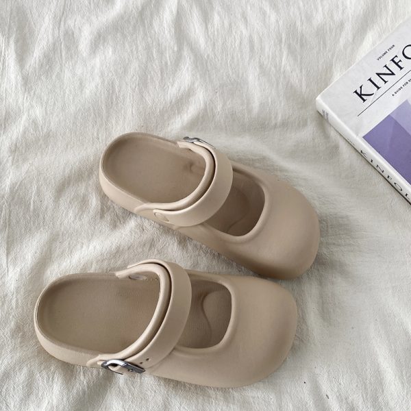 Round-Toe Mary Jane Slippers for Women - Summer 2025 Thick-Soled Closed-Toe Half Slippers, Trendy Holey Design for Outdoor Wear