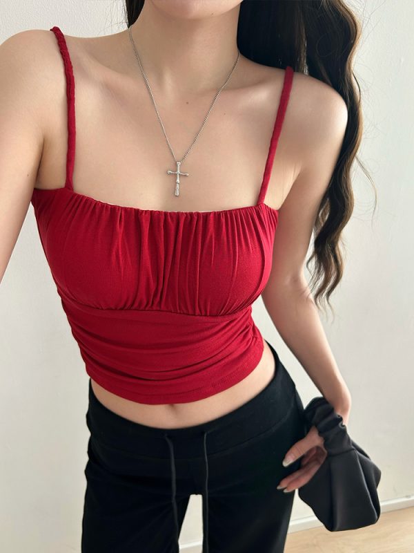 Ruched Solid Color Versatile Camisole Top for Women with Chest Pads, Elastic Slim Fit, Flattering Y2K Style Fashion Top
