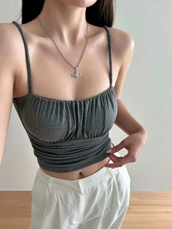 Ruched Solid Color Versatile Camisole Top for Women with Chest Pads, Elastic Slim Fit, Flattering Y2K Style Fashion Top