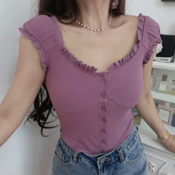 Ruffled Edge Crop Top for Women - Vintage American Style Elastic Short Sleeve T-Shirt - Spring/Summer 2024 Fashion