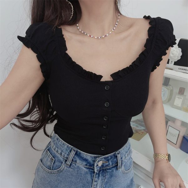 Ruffled Edge Crop Top for Women - Vintage American Style Elastic Short Sleeve T-Shirt - Spring/Summer 2024 Fashion