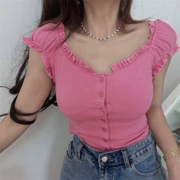 Ruffled Edge Crop Top for Women - Vintage American Style Elastic Short Sleeve T-Shirt - Spring/Summer 2024 Fashion