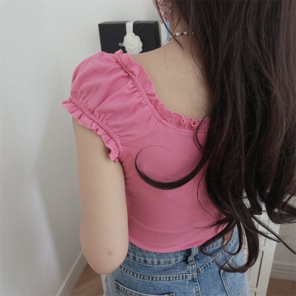 Ruffled Edge Crop Top for Women - Vintage American Style Elastic Short Sleeve T-Shirt - Spring/Summer 2024 Fashion