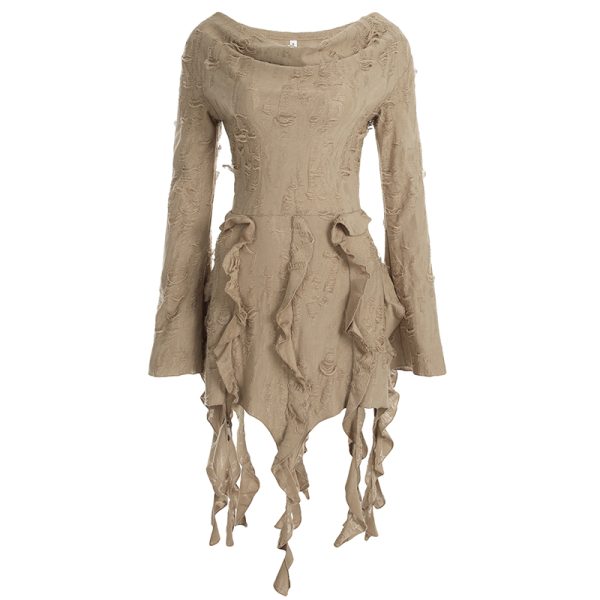 Ruffled Fringe Denim Skirt for Women, Distressed Light Wash Short Skirt, Off-Shoulder Dress, Y2K Style, Boho Chic Fashion