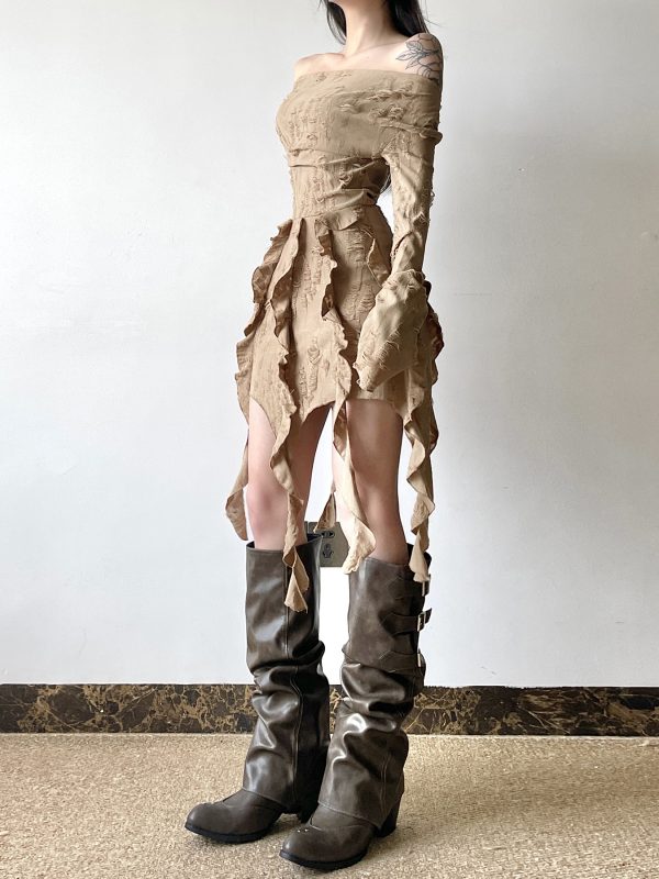 Ruffled Fringe Denim Skirt for Women, Distressed Light Wash Short Skirt, Off-Shoulder Dress, Y2K Style, Boho Chic Fashion