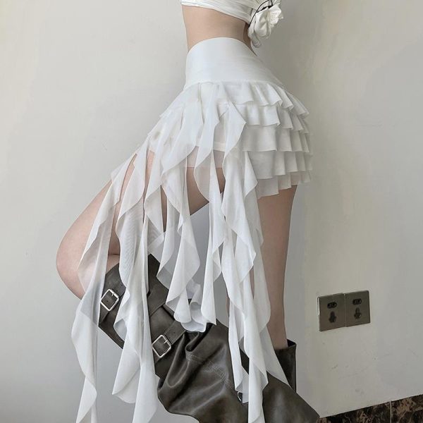 Ruffled Irregular Mesh Ribbon Half Skirt - Versatile Cake Skirt for Y2K and Korean Style Fashion