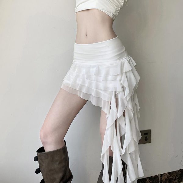 Ruffled Irregular Mesh Ribbon Half Skirt - Versatile Cake Skirt for Y2K and Korean Style Fashion