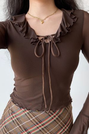 Ruffled Lace-Up Sheer Long Sleeve T-Shirt for Women â€“ European American Style Slim Fit Top, Perfect for Y2K and Casual Chic Looks