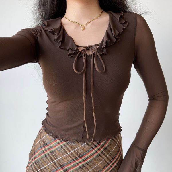 Ruffled Lace-Up Sheer Long Sleeve T-Shirt for Women â€“ European American Style Slim Fit Top, Perfect for Y2K and Casual Chic Looks