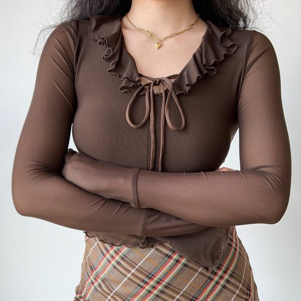 Ruffled Lace-Up Sheer Long Sleeve T-Shirt for Women â€“ European American Style Slim Fit Top, Perfect for Y2K and Casual Chic Looks