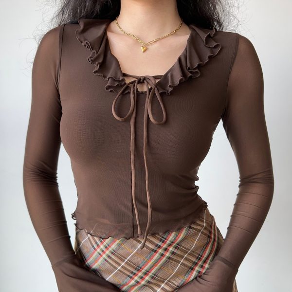 Ruffled Lace-Up Sheer Long Sleeve T-Shirt for Women â€“ European American Style Slim Fit Top, Perfect for Y2K and Casual Chic Looks