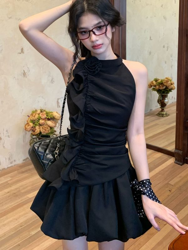 Ruffled Neck Hanging Neck Vest Top and Flower Bud Skirt Set for Women - Summer Sweet 90s Style Fashion Outfit