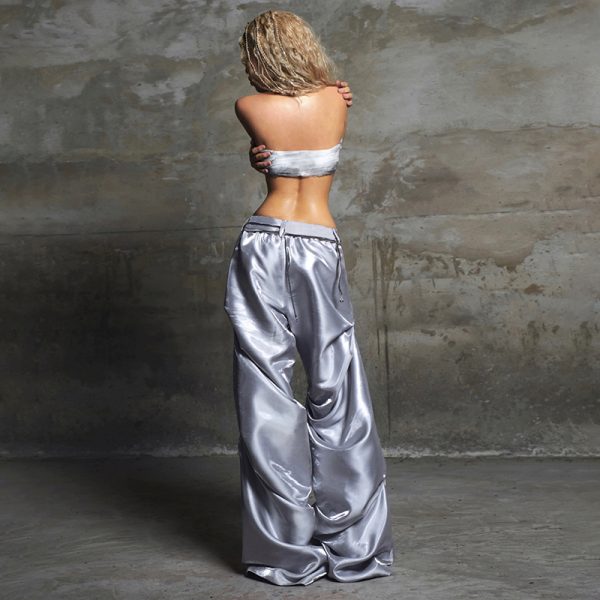 Satin Pleated Woven Pants for Women - Casual Loose Slimming Dark Silver Street Style Long Dance Pants - Trendy Y2K Fashion