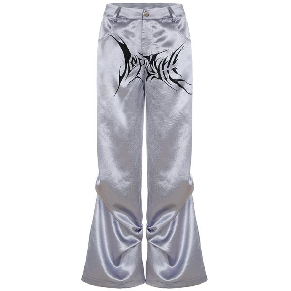 Satin Pleated Woven Pants for Women - Casual Loose Slimming Dark Silver Street Style Long Dance Pants - Trendy Y2K Fashion
