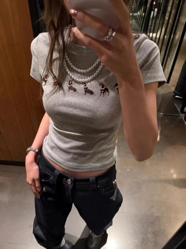Sausage Dog Print Slim-Fit Short Sleeve T-Shirt for Women - Round Neck Flattering Design, Trendy Jennie-Style Fashion