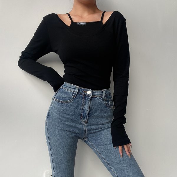 Sexy Big Round Neck Solid Color Spliced Fake Two-Piece Long Sleeve T-Shirt - Slim Fit Early Spring Style