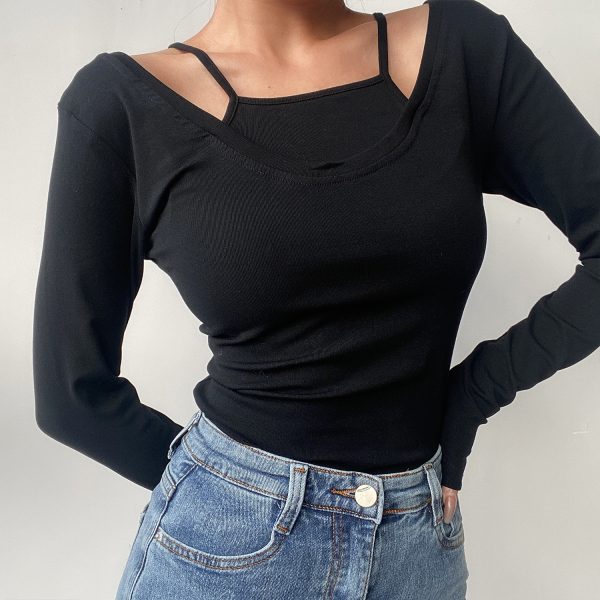 Sexy Big Round Neck Solid Color Spliced Fake Two-Piece Long Sleeve T-Shirt - Slim Fit Early Spring Style