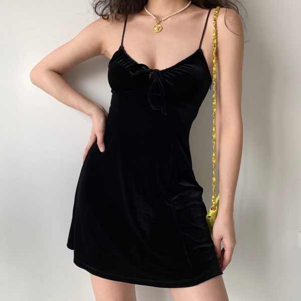 Sexy Black Velvet Lace-Up Camisole Dress for Women - A-Line Short Skirt, European American Style, Y2K Fashion