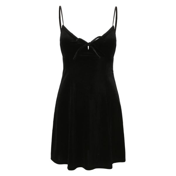 Sexy Black Velvet Lace-Up Camisole Dress for Women - A-Line Short Skirt, European American Style, Y2K Fashion