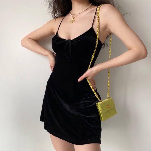 Sexy Black Velvet Lace-Up Camisole Dress for Women - A-Line Short Skirt, European American Style, Y2K Fashion