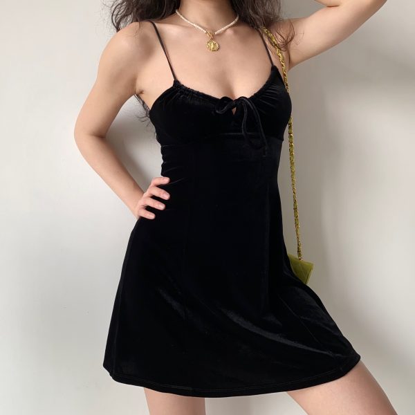 Sexy Black Velvet Lace-Up Camisole Dress for Women - A-Line Short Skirt, European American Style, Y2K Fashion