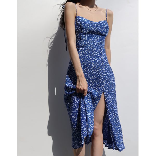 Sexy Blue Floral Lace-Up Dress - French Style V-Neck, Waist-Cinching, Slimming Side Slit, Spaghetti Strap Vacation Beach Dress