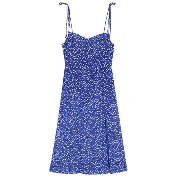 Sexy Blue Floral Lace-Up Dress - French Style V-Neck, Waist-Cinching, Slimming Side Slit, Spaghetti Strap Vacation Beach Dress