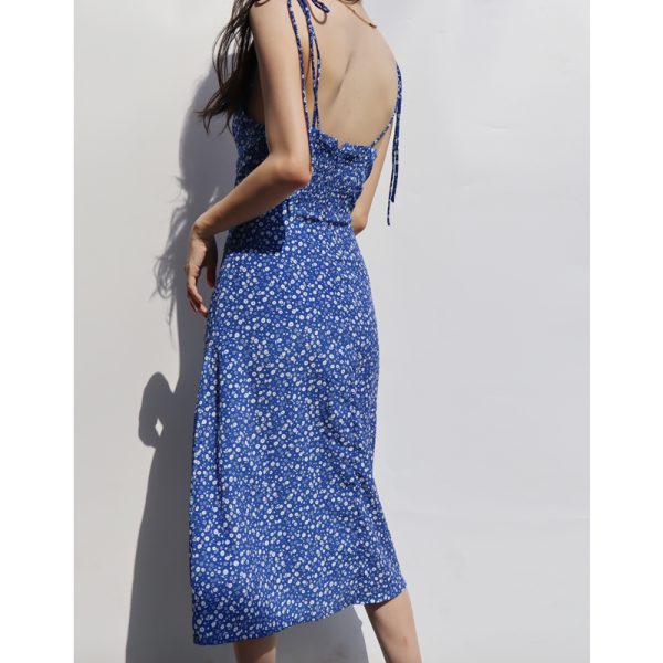 Sexy Blue Floral Lace-Up Dress - French Style V-Neck, Waist-Cinching, Slimming Side Slit, Spaghetti Strap Vacation Beach Dress