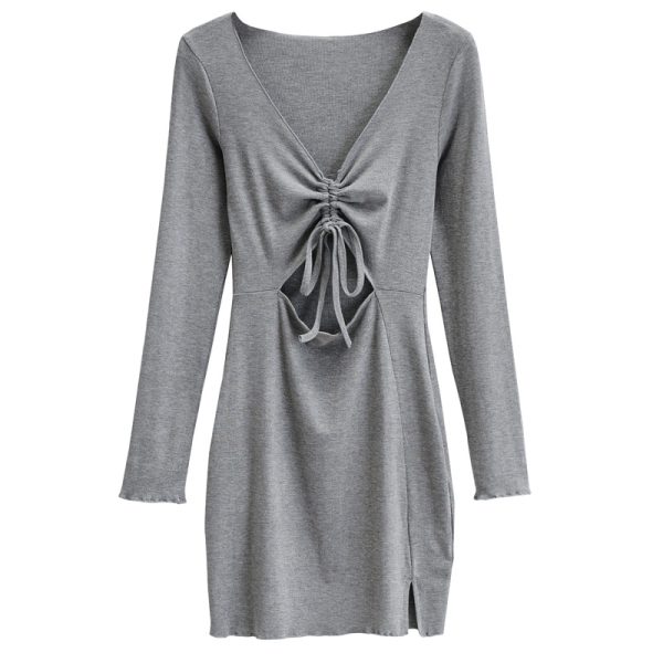 Sexy Deep V-Neck Hollow Drawstring Solid Color Waist-Cinching Slim-Fit Long Sleeve Bodycon Split Dress - European and American Style