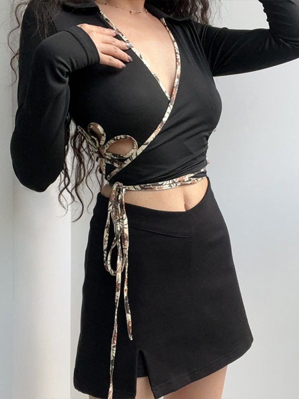 Sexy Deep V-Neck Hollow Floral Long Sleeve Cropped Top - European American Style High-Waisted Y2K Fashion for Hot Girls