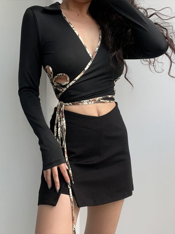 Sexy Deep V-Neck Hollow Floral Long Sleeve Cropped Top - European American Style High-Waisted Y2K Fashion for Hot Girls