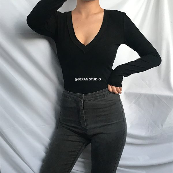 Sexy Deep V-Neck Long Sleeve Ribbed T-Shirt Top - Solid Color Slim Fit - European American Style