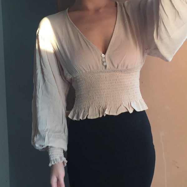 Sexy Deep V Retro Lantern Sleeve Button-Up Shirt Top with Elastic Waist - European American Style Fashion