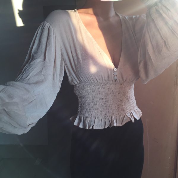 Sexy Deep V Retro Lantern Sleeve Button-Up Shirt Top with Elastic Waist - European American Style Fashion